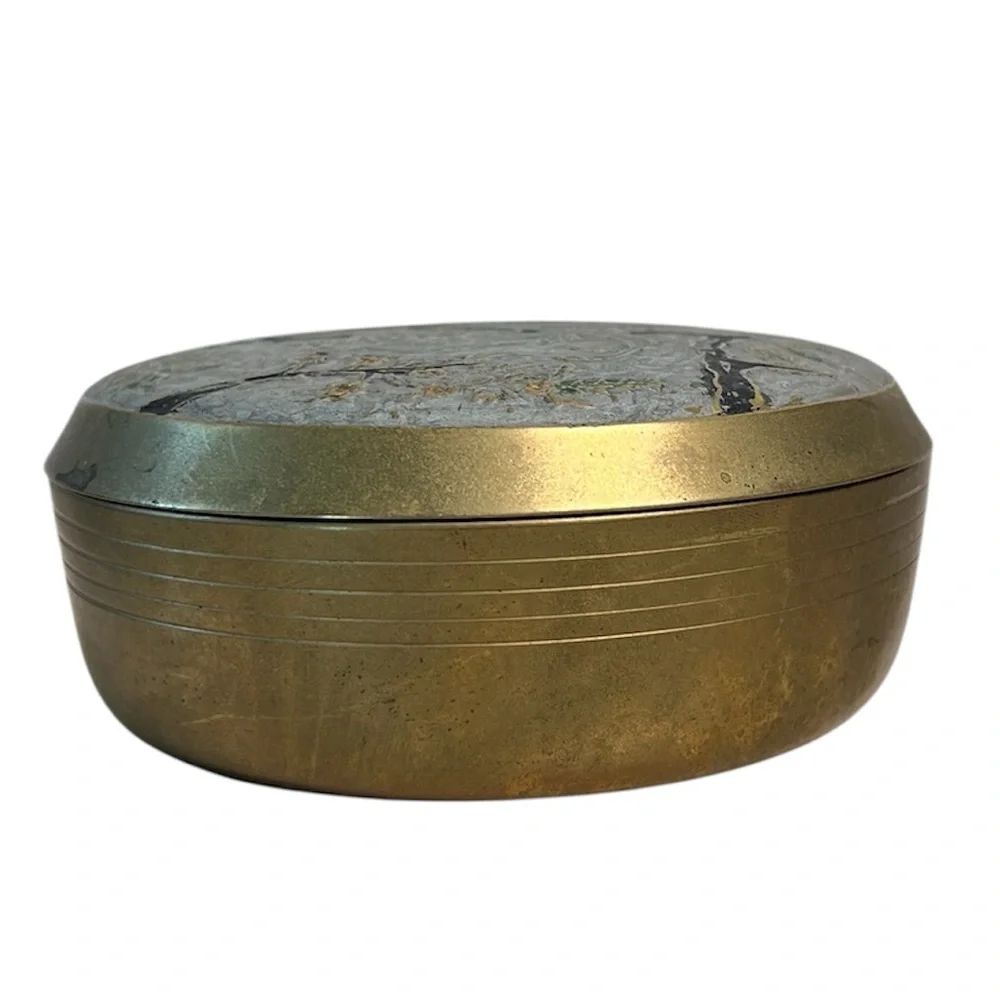Vintage Solid Brass Trinket Jewelry Box Birds & Flowers Motif Lidded Dish 5” x 2
